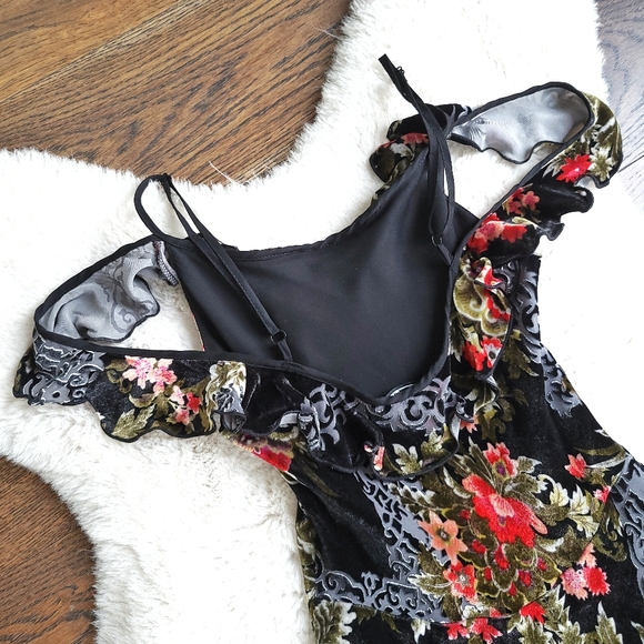 Vintage Betsey Johnson Dark Romance Floral Velvet Burnout Silk Slip Dress - Picture 8 of 9